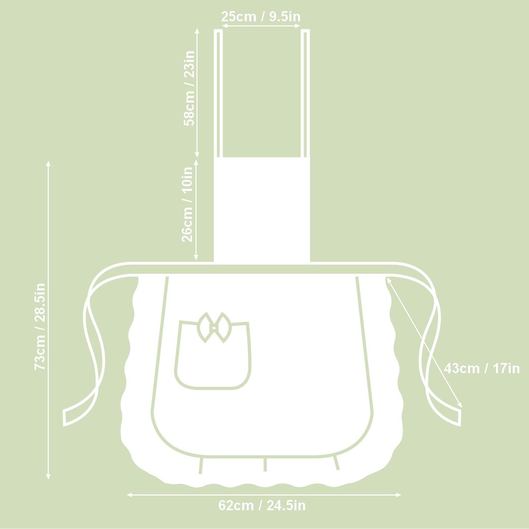 5. Size chart for Hortensias Home Botanico apron, showing dimensions in cm and inches
