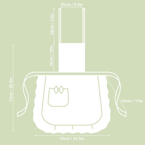 5. Size chart for Hortensias Home Botanico apron, showing dimensions in cm and inches