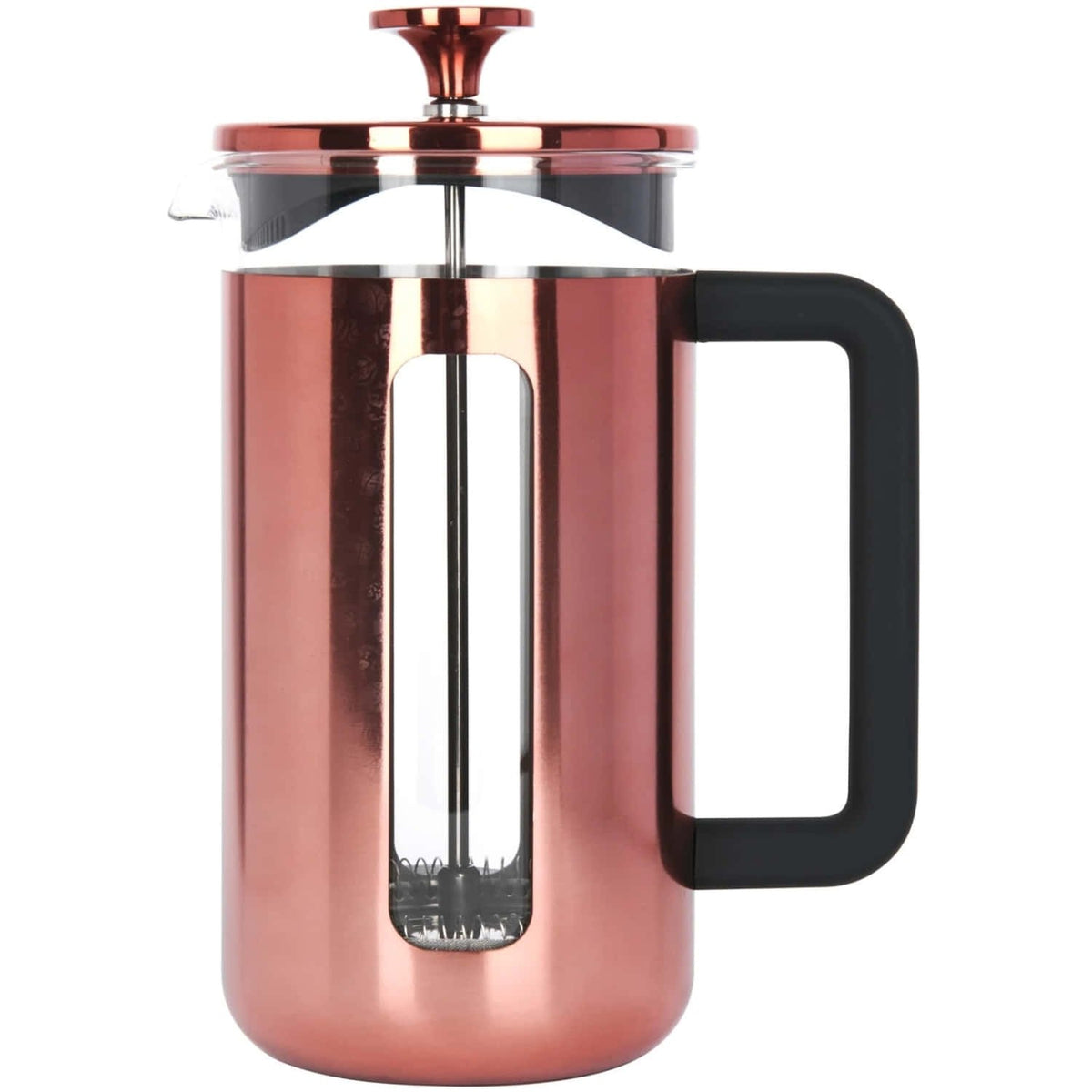 3. Close-up of La Cafetière Pisa coffee maker in copper, showing stainless steel frame and glass beaker