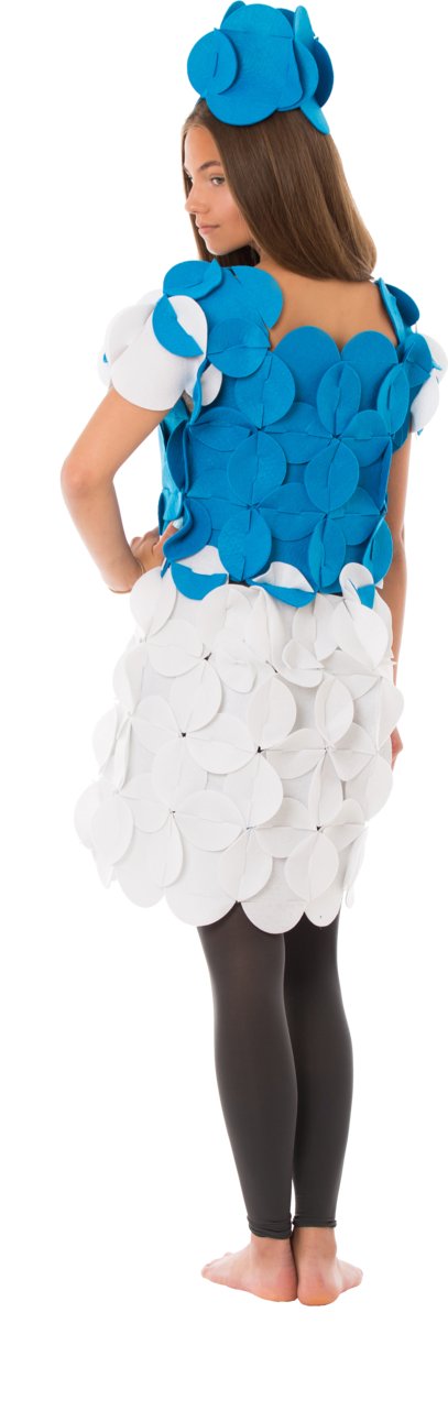 3. Back view of woman in blue and white felt costume with headpiece on black background