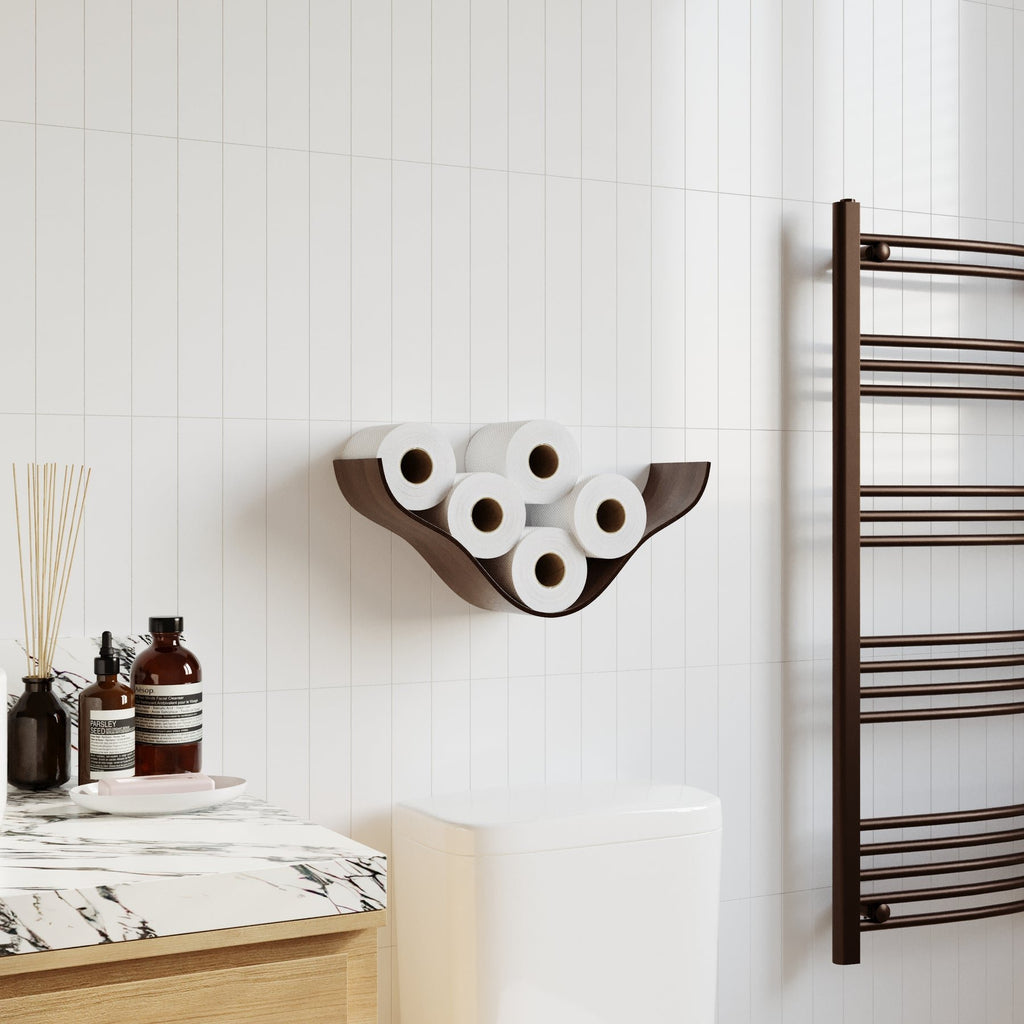 1. Wall-mounted walnut wooden toilet paper holder in modern bathroom setting with white tiles and towel rack