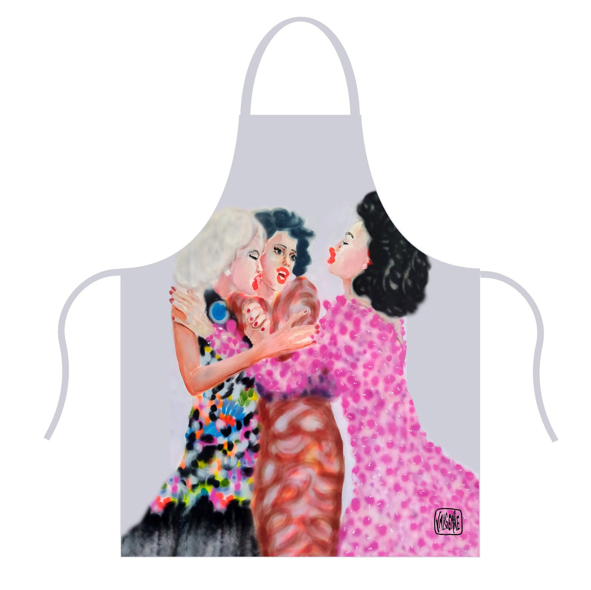 1. Apron featuring colorful painting of three women embracing, designed by Katrin Valgemäe, showcasing pop art and kitsch elements on a light background