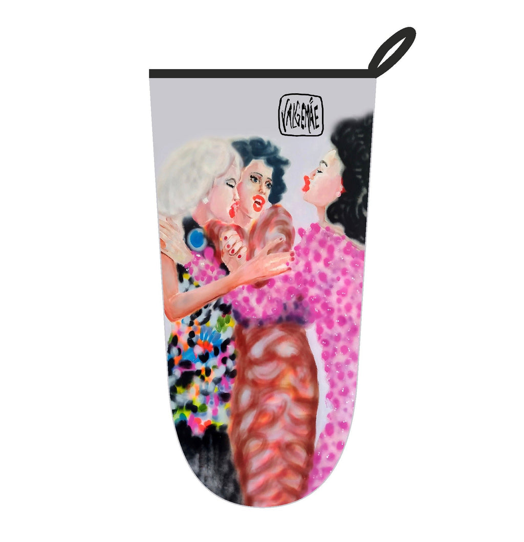 2. Katrin Valgemäe oven glove with pop art design featuring three women in colorful dresses, polyester and cotton blend
