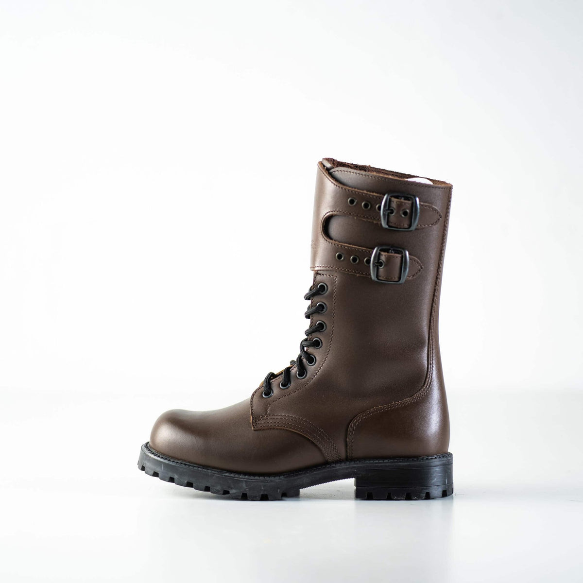 8. Side profile of unisex Tarkovsky Boots in dark brown leather, featuring lace-up and buckle design