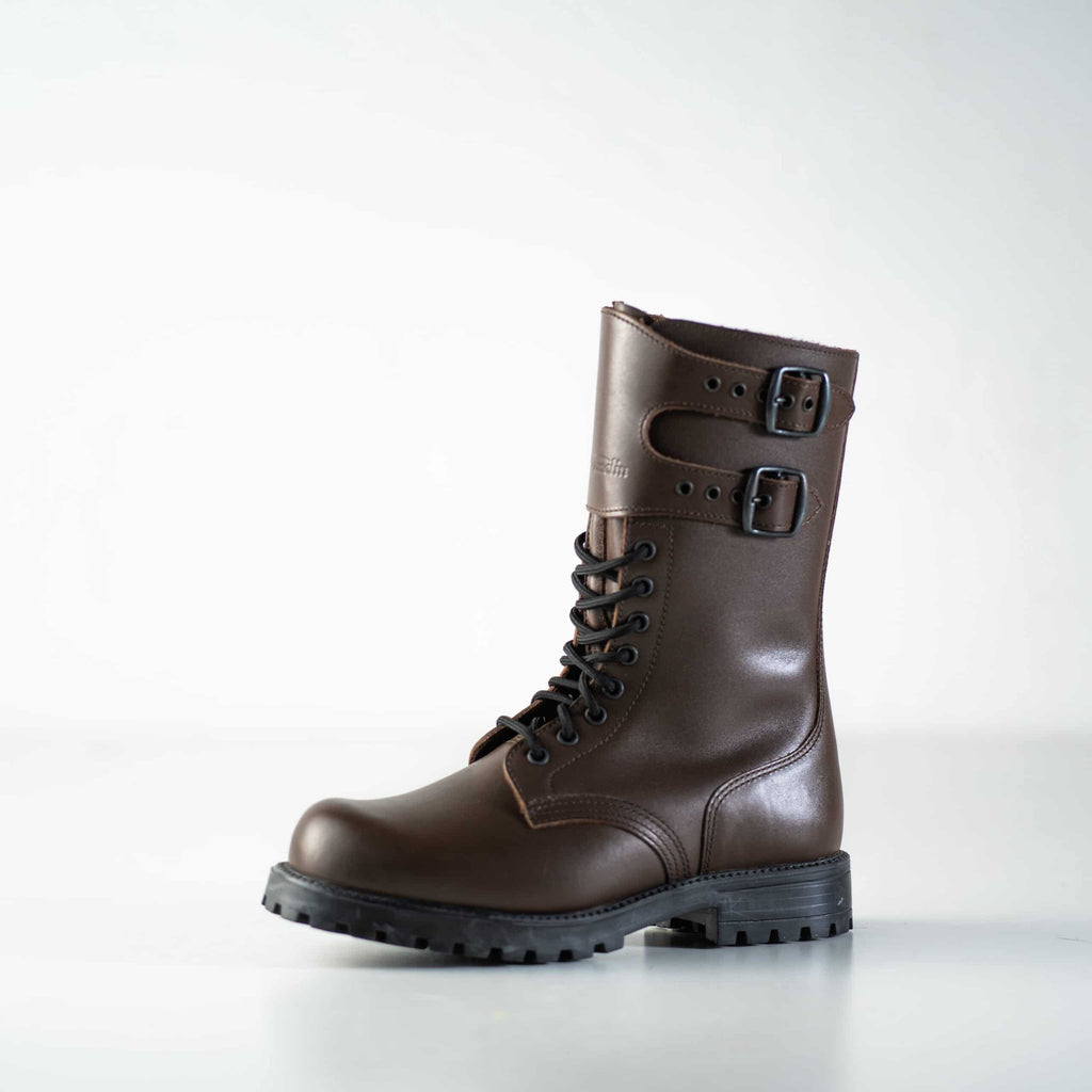 1. Unisex Tarkovsky Boots in dark brown leather with buckle detail, shown in studio setting