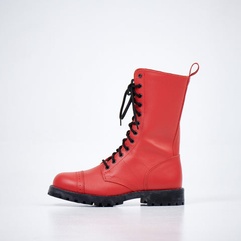 3. Side view of unisex red Samelin 516 High Aviator Boots in studio, featuring lace-up design and durable outsole