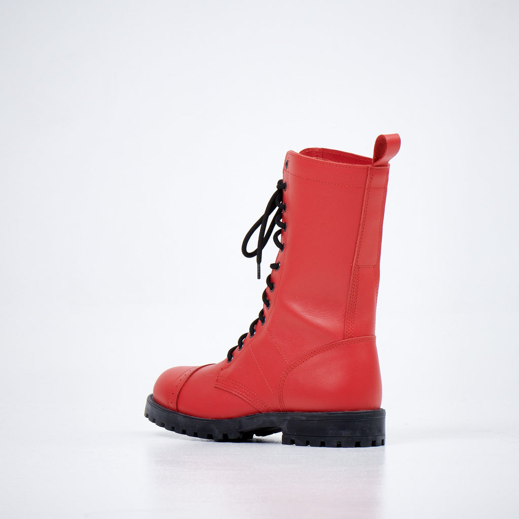 5. Angled side view of unisex red Samelin 516 High Aviator Boots in studio, emphasizing sleek leather finish