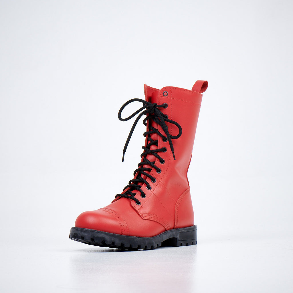 1. Unisex red Samelin 516 High Aviator Boots in studio, showcasing front view with black laces and rugged sole