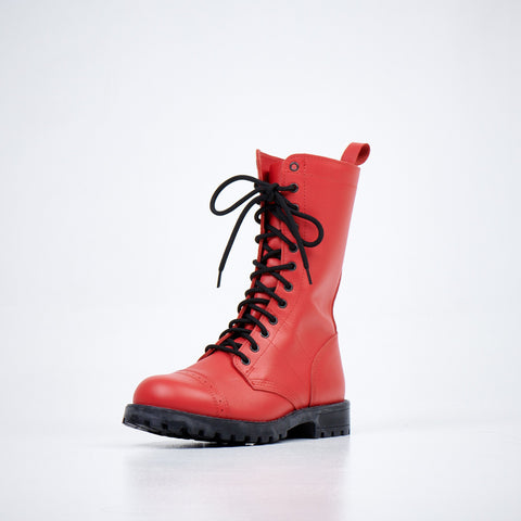1. Unisex red Samelin 516 High Aviator Boots in studio, showcasing front view with black laces and rugged sole