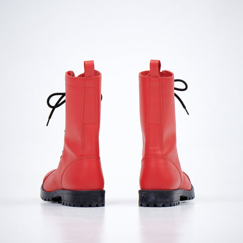 2. Back view of unisex red Samelin 516 High Aviator Boots in studio, highlighting water-repellent leather