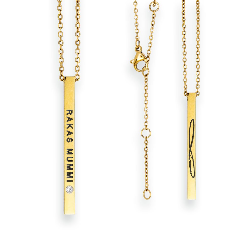 3. Olla RAKAS MUMMI necklace in gold stainless steel with engraved pendant, studio shot