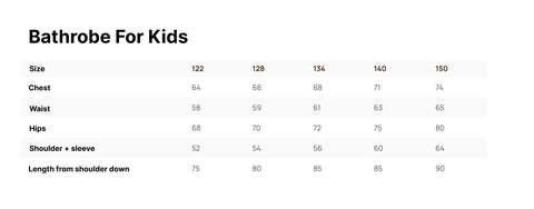 2. Size chart for RÄTT kids' bamboo terry bathrobe, showing measurements for sizes 122 to 150