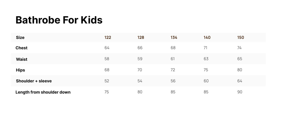5. Size chart for RÄTT CAT Bamboo Terry Bathrobe for kids, showing measurements for sizes 122-150