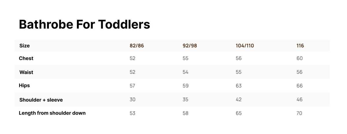 6. Size chart for RÄTT Bamboo Terry Bathrobe CAT for toddlers, sizes 82/86 to 116