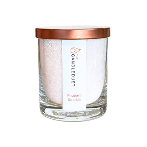 6. Studio shot of Candledust Rhubarb Sparkle powdered candle in glass with rose gold lid