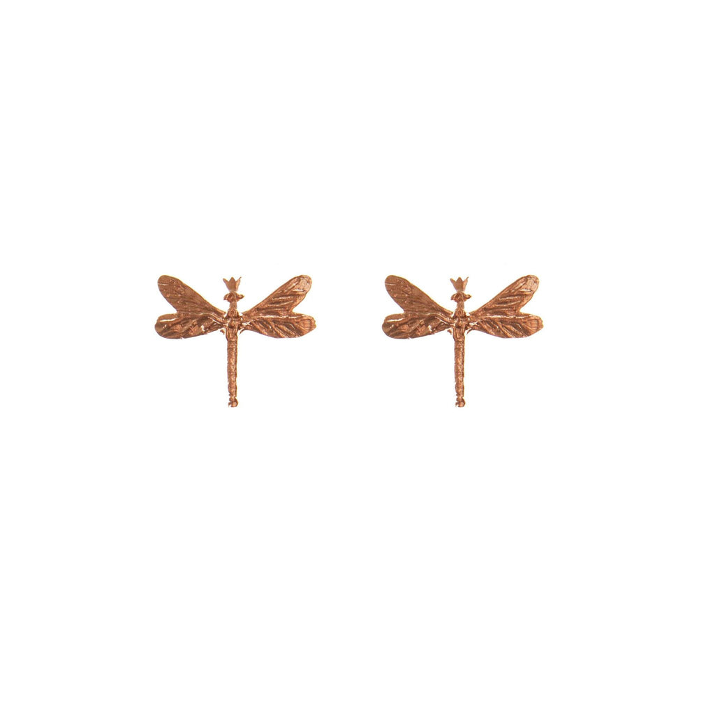 2. Pair of rose gold plated silver dragonfly earrings on white background