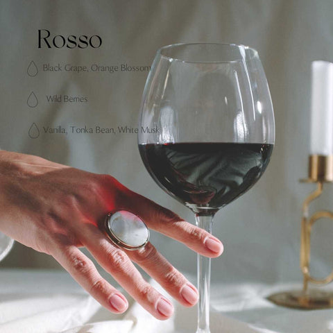 1. Rosso Car Diffuser by Candledust with fragrance notes of black grape, orange blossom, wild berries, vanilla, tonka bean, and white musk, shown with a wine glass and candle for a romantic setting