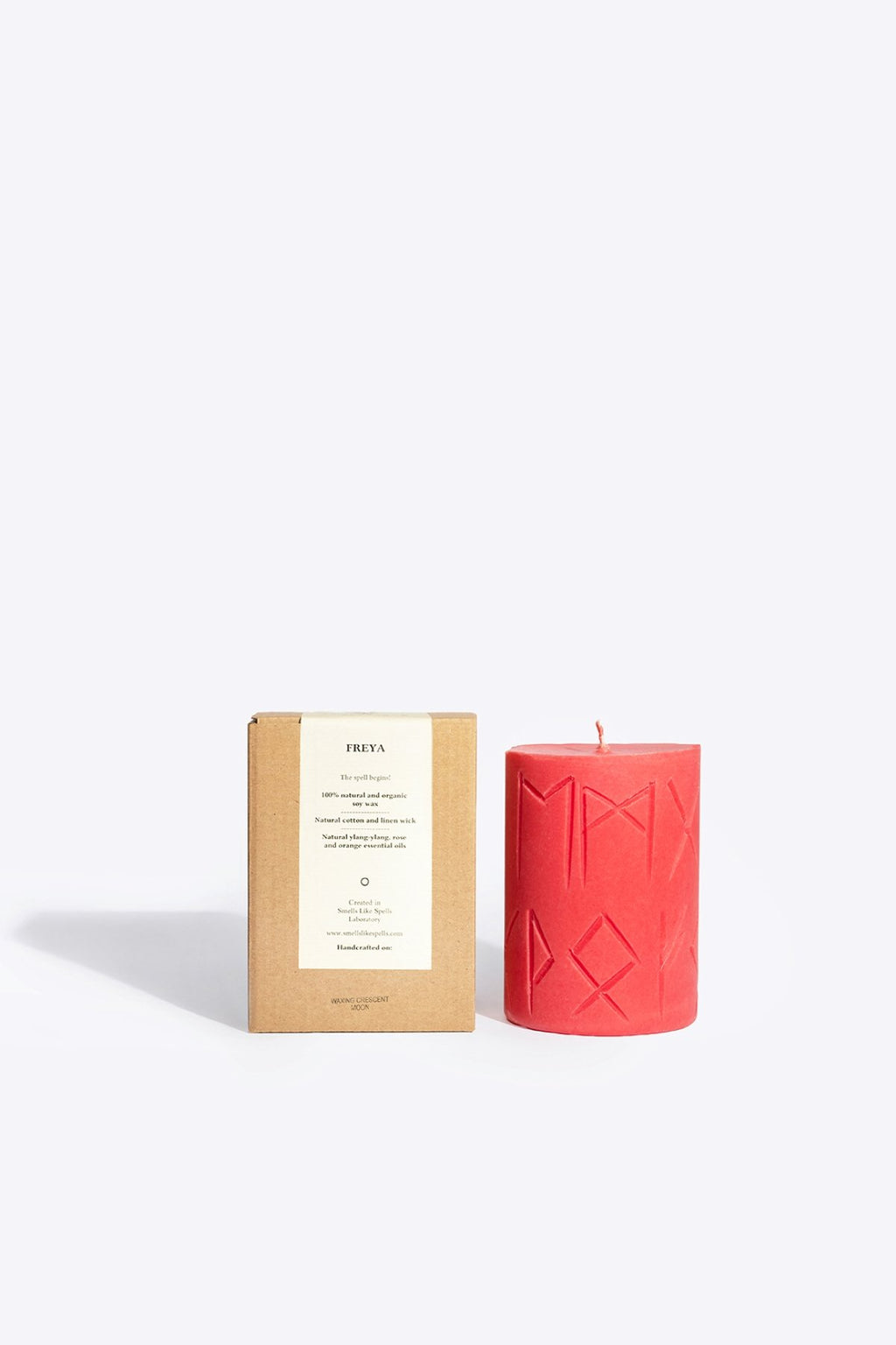 1. Smells Like Spells Rune Candle FREYA with packaging, handcrafted red soy wax candle with runic design