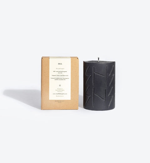 4. Smells Like Spells Rune Candle HEL in black with packaging, showing product details