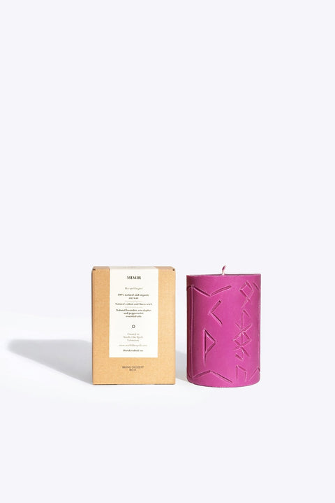 3. Rune Candle MIMIR by Smells Like Spells in purple with packaging, studio shot