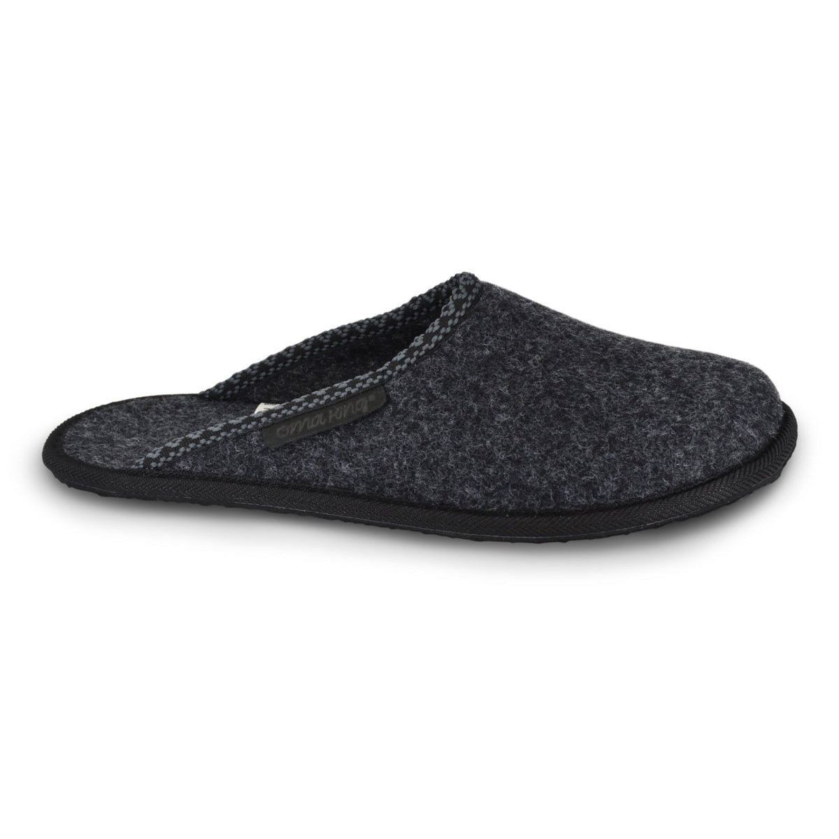 1. Omaking Natural Felt Slippers Mustja in dark grey, side view showing rubber outsole and felt upper