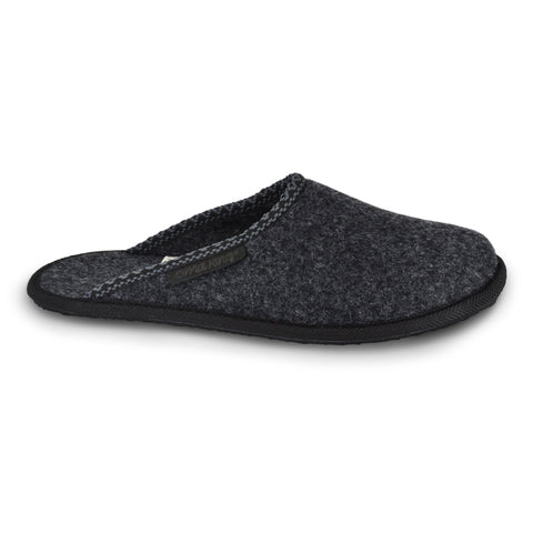 1. Omaking Natural Felt Slippers Mustja in dark grey, side view showing rubber outsole and felt upper