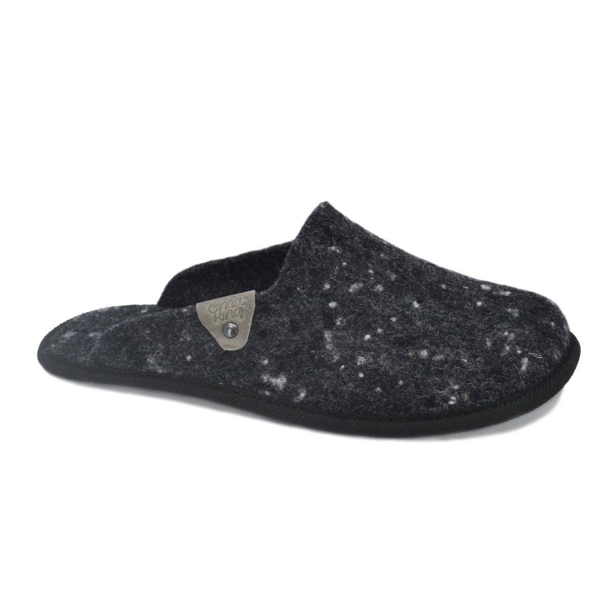 5. Side view of Omaking dark grey felt slipper highlighting natural felt material