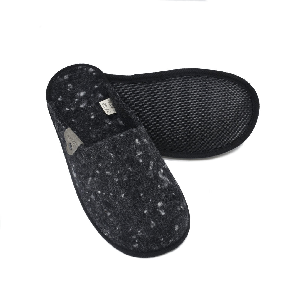 3. Close-up of Omaking dark grey felt slippers showing rubber outsole and felt texture
