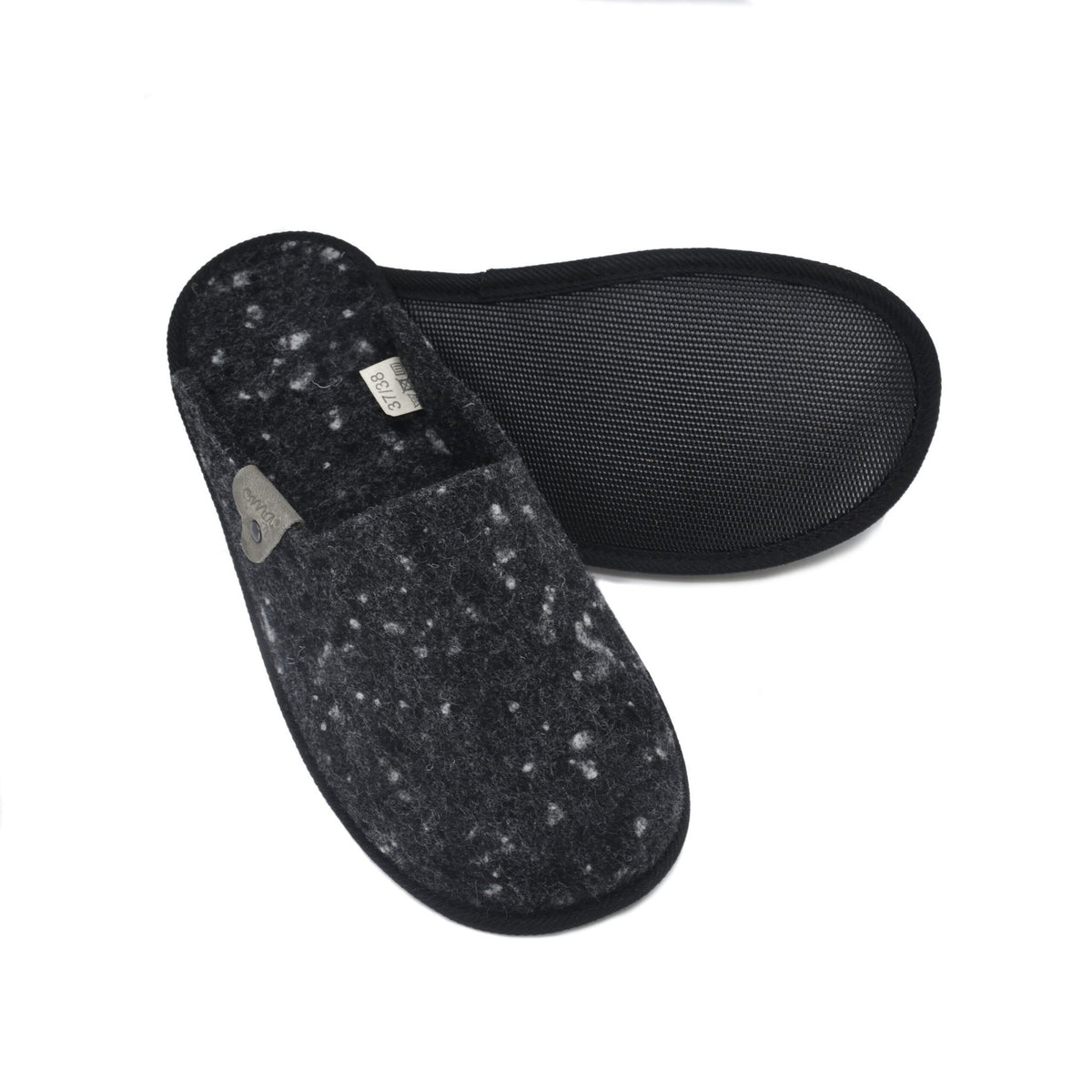3. Close-up of Omaking dark grey felt slippers showing rubber outsole and felt texture