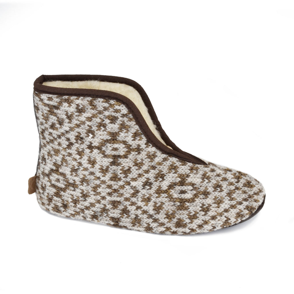 2. Studio image of Omaking Trolla beige lambswool slippers showing side view and intricate pattern