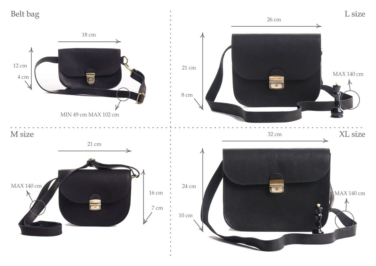 9. Size chart for Zelma Kraft saddle bags in various sizes, showing dimensions and strap lengths