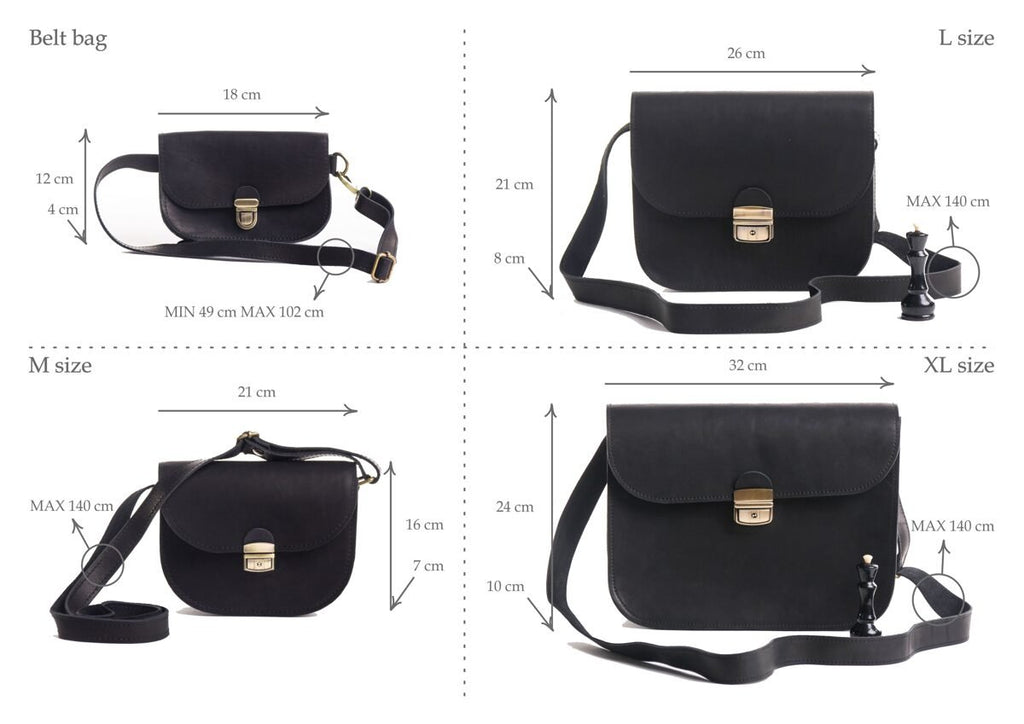 8. Size chart for Zelma Kraft saddle bags, showing dimensions for belt, M, L, and XL sizes