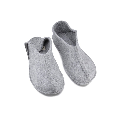 5. Pair of unisex grey Tohkri slippers by Omaking in studio, highlighting natural felt material