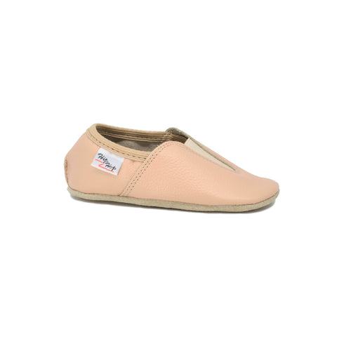 3. Side view of Hip-Hop Punsa Kids Barefoot Slippers in beige, showing elastic band and rubber edge