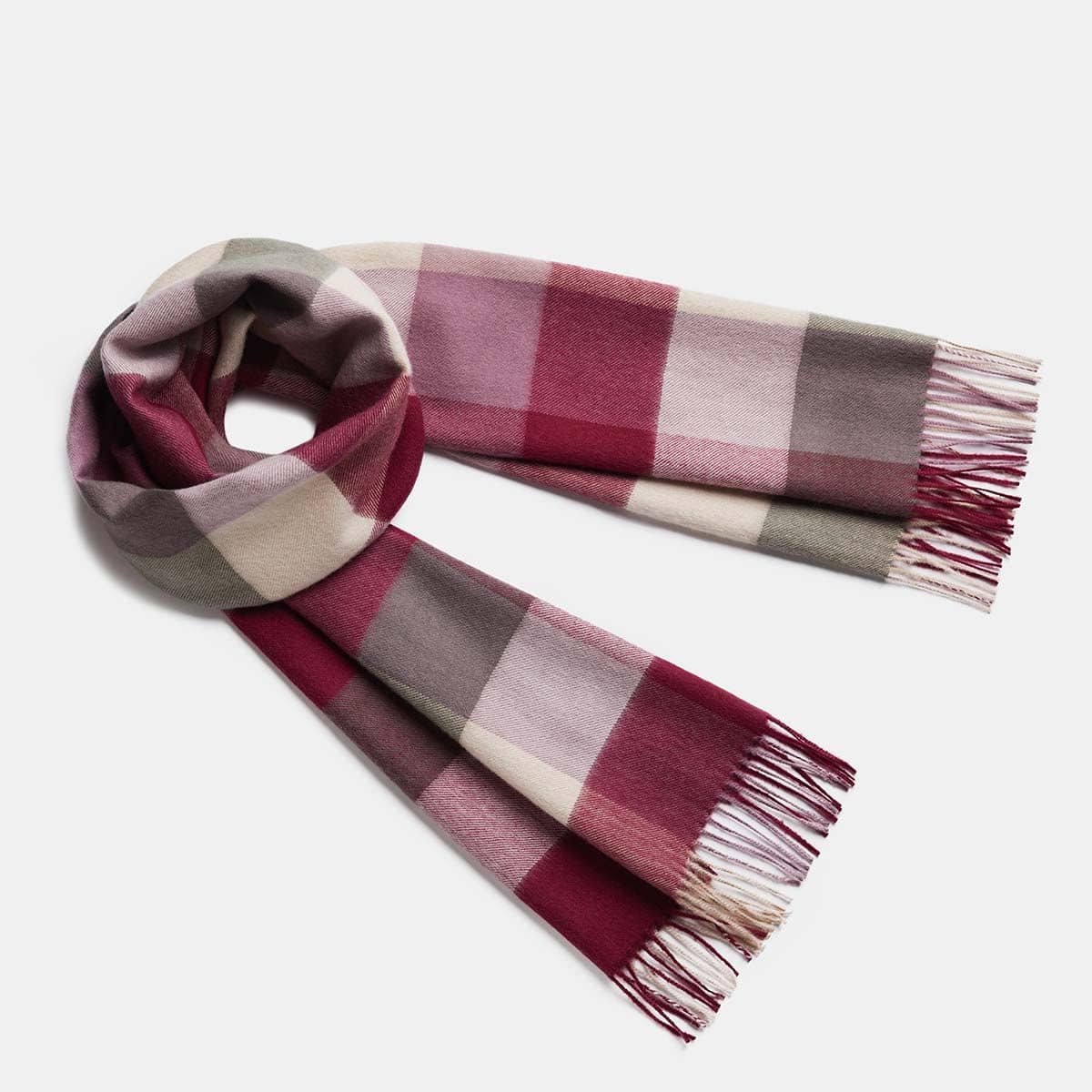 2. Women's natural baby alpaca wool check scarf in pink and white, shown in studio setting