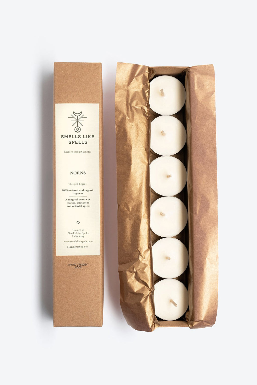 3. Set of 6 Smells Like Spells Scented Tealight Candles NORNS in soy wax, shown in eco-friendly packaging