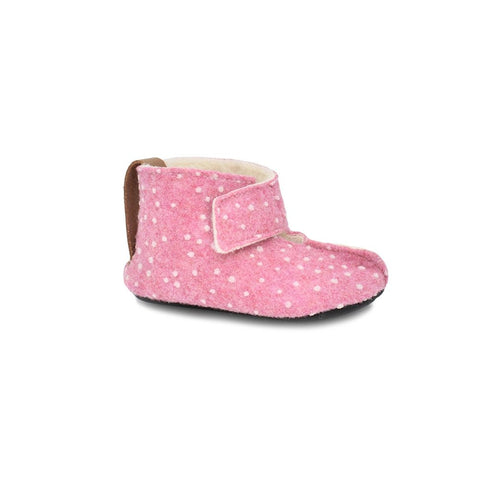 2. Side view of KAKU children's pink slippers with dots, showing adjustable velcro strap and felt upper