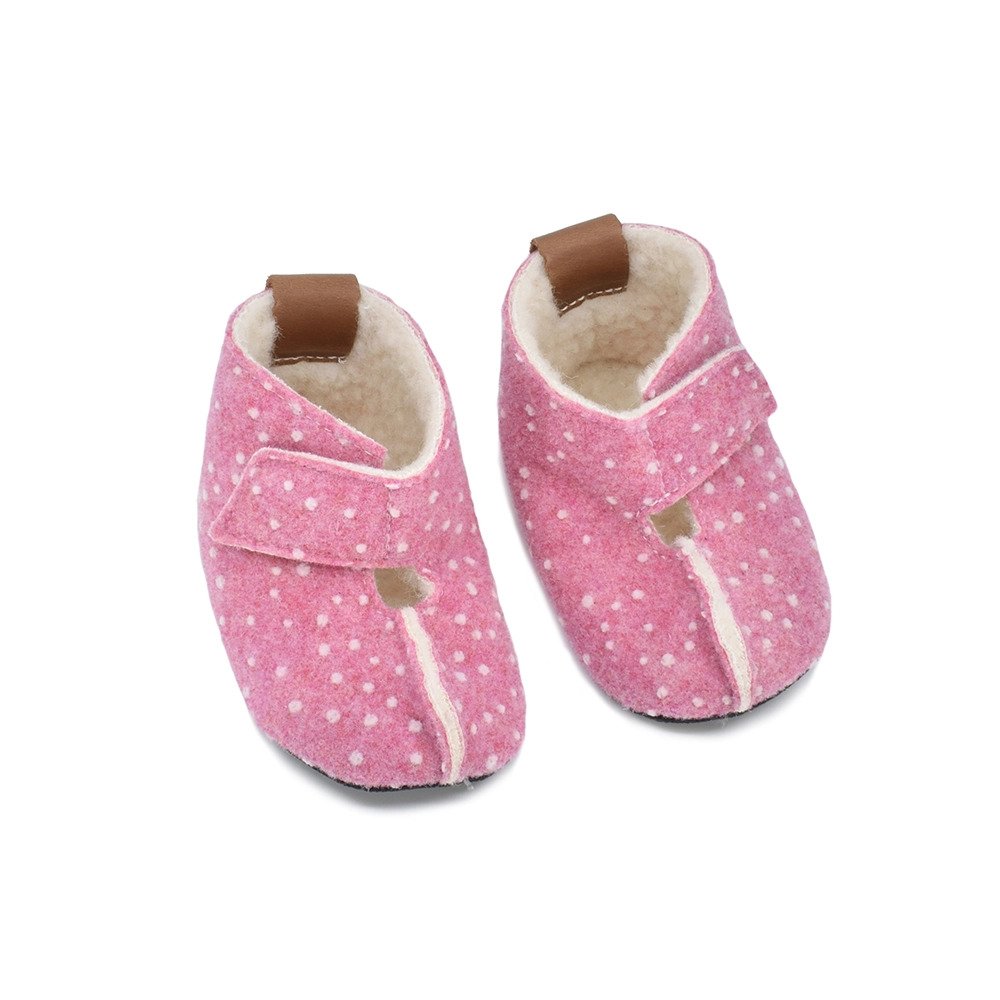 1. KAKU children's slippers in pink with dots, featuring adjustable velcro strap and wool lining, studio shot