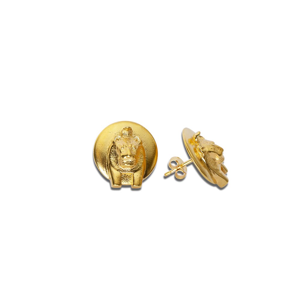 3. Close-up of Sekhmet Fire Stud Earrings in gold-plated silver, showing detailed craftsmanship