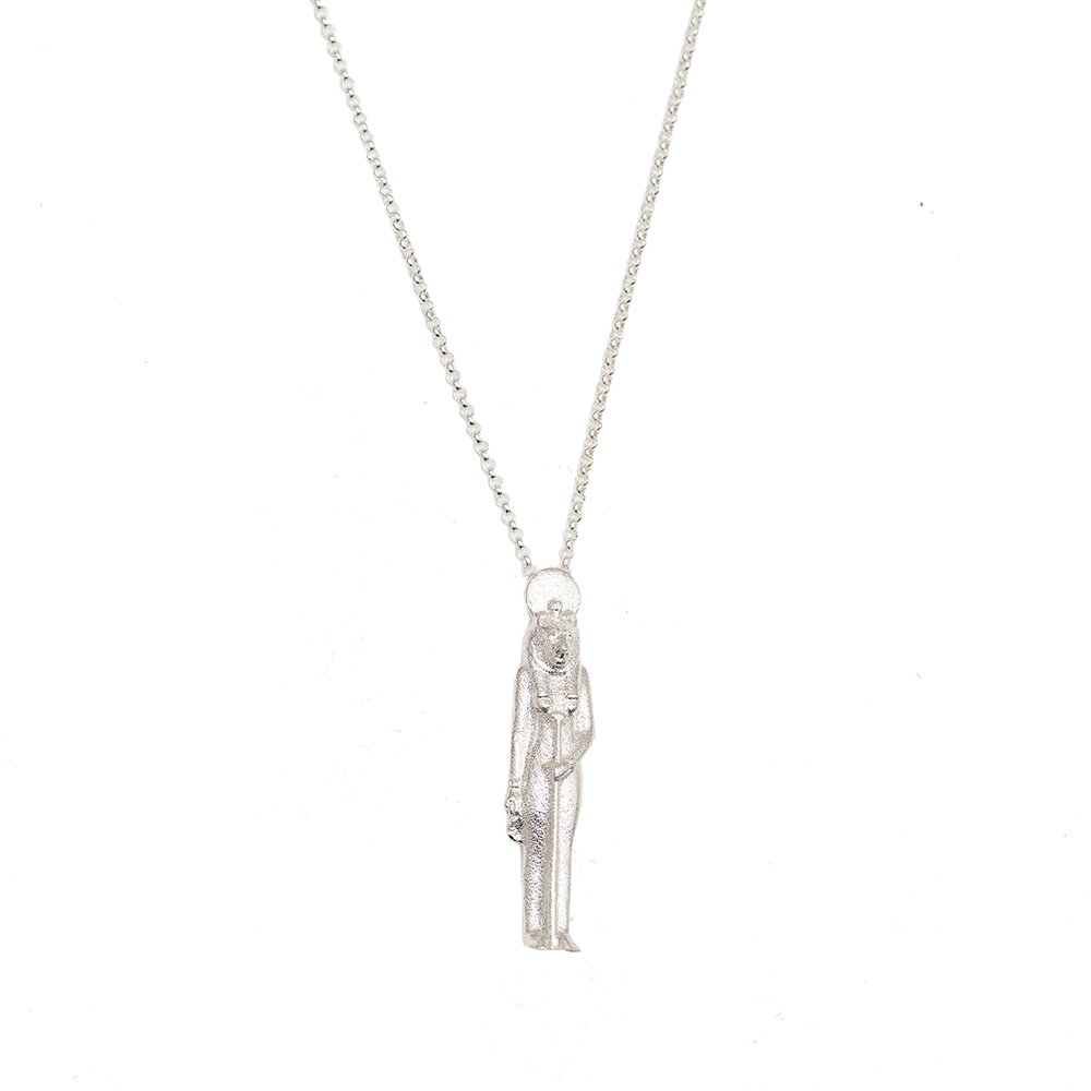 3. Studio image of Sekhmet Fire Necklace in silver by New Vintage by Kriss, featuring detailed pendant design