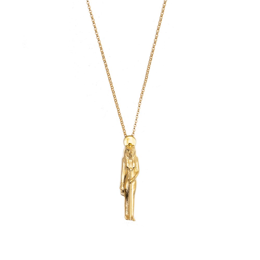 4. Studio image of Sekhmet Fire Necklace in gold by New Vintage by Kriss, highlighting intricate pendant details