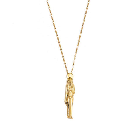 4. Studio image of Sekhmet Fire Necklace in gold by New Vintage by Kriss, highlighting intricate pendant details