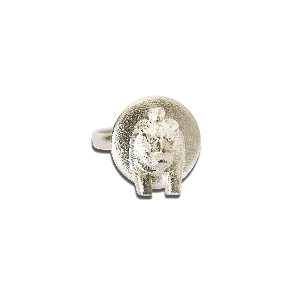 2. Studio image of Sekhmet Fire Necklace Ring in silver, featuring a detailed lioness design