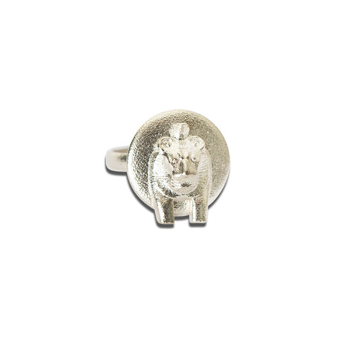 2. Studio image of Sekhmet Fire Necklace Ring in silver, featuring a detailed lioness design