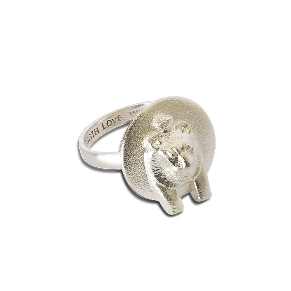 3. Side view of Sekhmet Fire Necklace Ring in silver, showing engraved text inside the band