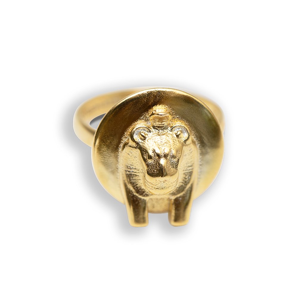 4. Close-up of Sekhmet Fire Necklace Ring in gold by New Vintage by Kriss, highlighting detailed lion-headed design