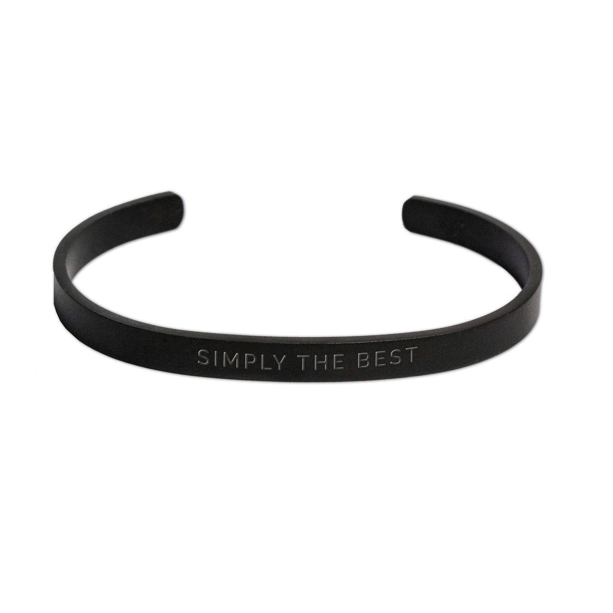 1. Men's matte black bracelet by OLLA with 'Simply The Best' engraving, shown in studio setting