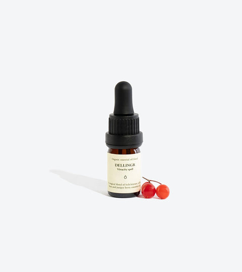 1. Smells Like Spells Essential Oil Blend DELLINGR in 5 ml glass bottle with pipette, shown with red berries