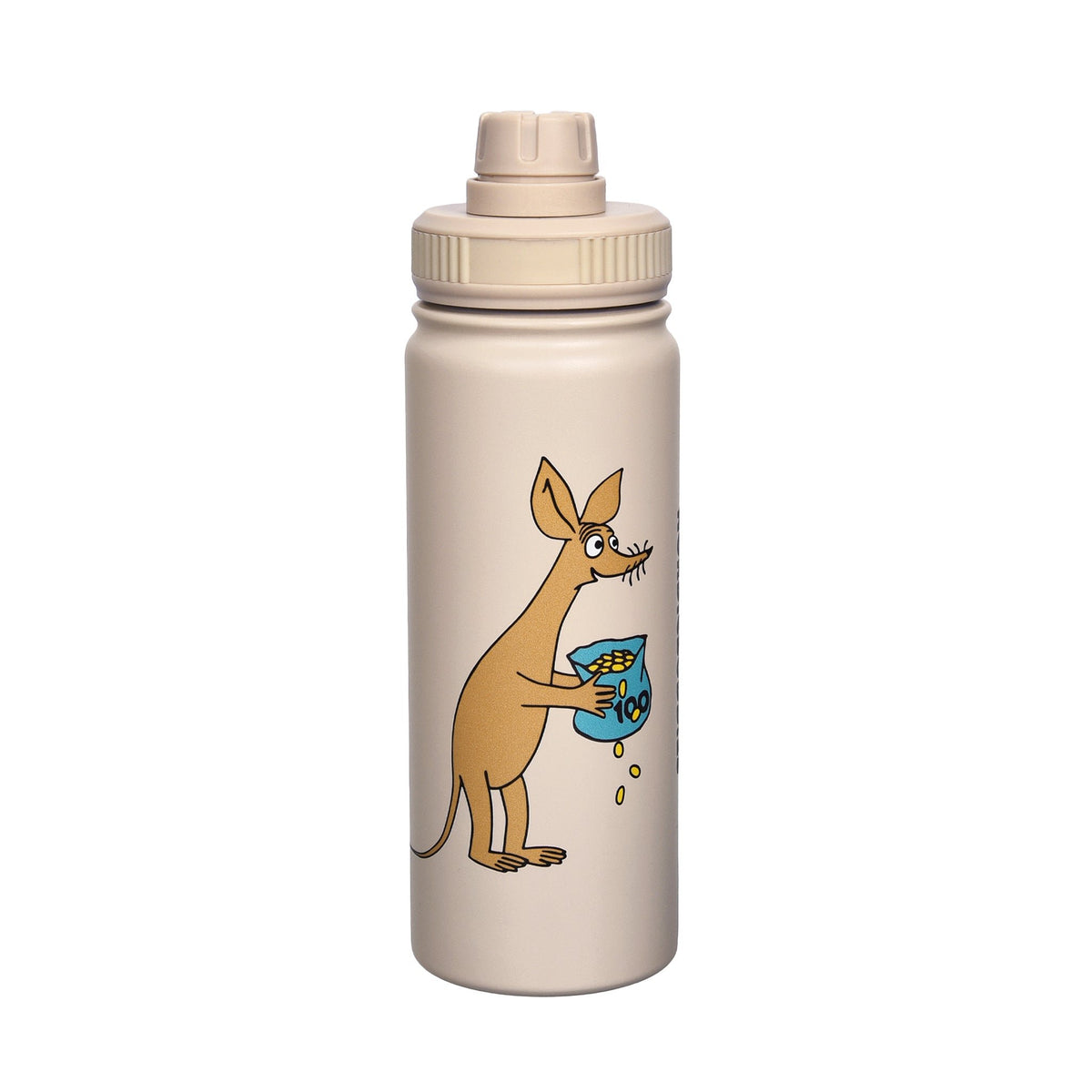 3. Sniff Thermal Everyday Bottle by Moomin in beige with Sniff character holding a bag, studio shot
