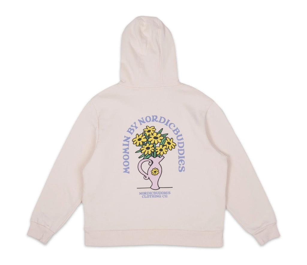 7. Back view of light pink Sniff Flower Bouquet Hoodie by Moomin, flat lay